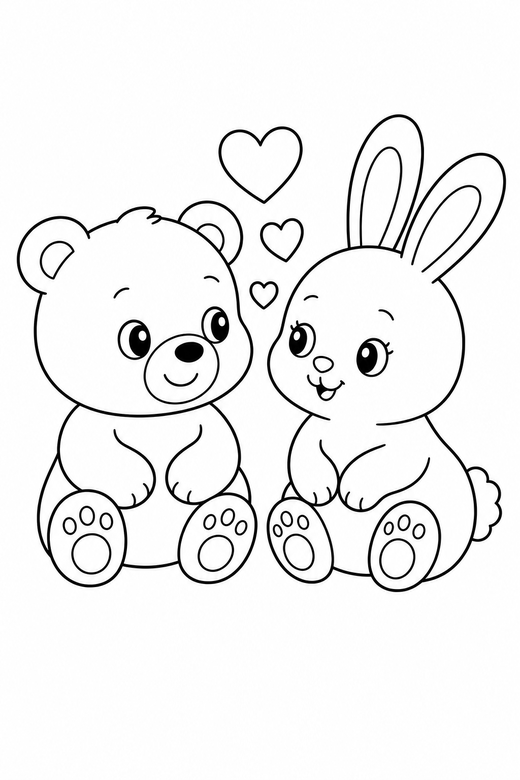 Bear and bunny looking at each other, color online