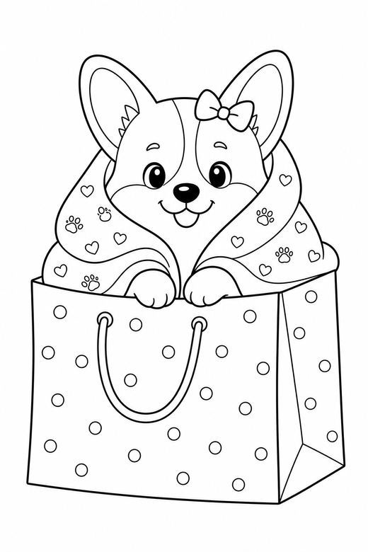 Corgi in a blanket in a paper bag, color online