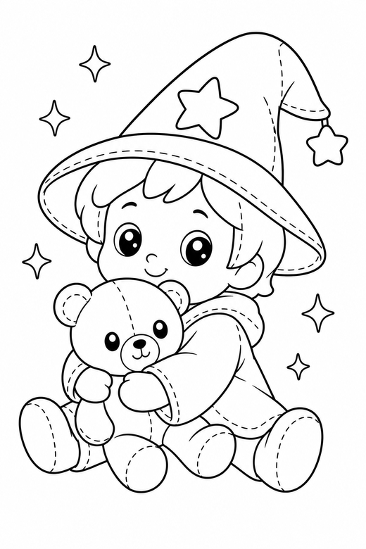 Little wizard hugging a plush with sparkles, color online