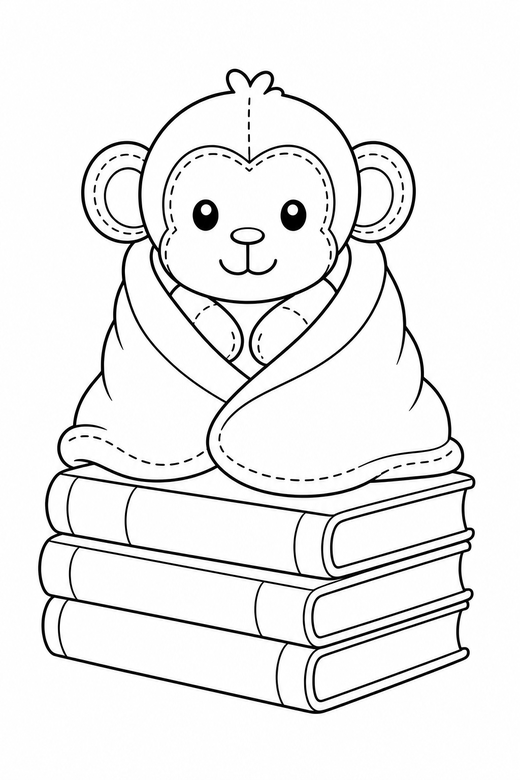 Monkey in a blanket on books, color online