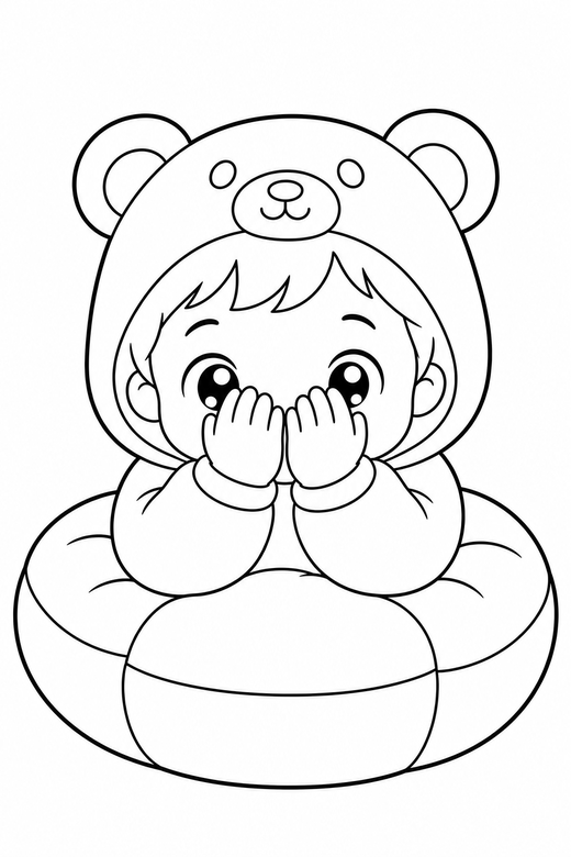 Kid in a bear onesie peeking on a cushion, color online
