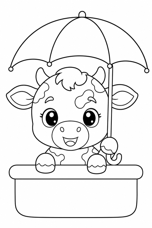 Calf peeking under an umbrella, color online