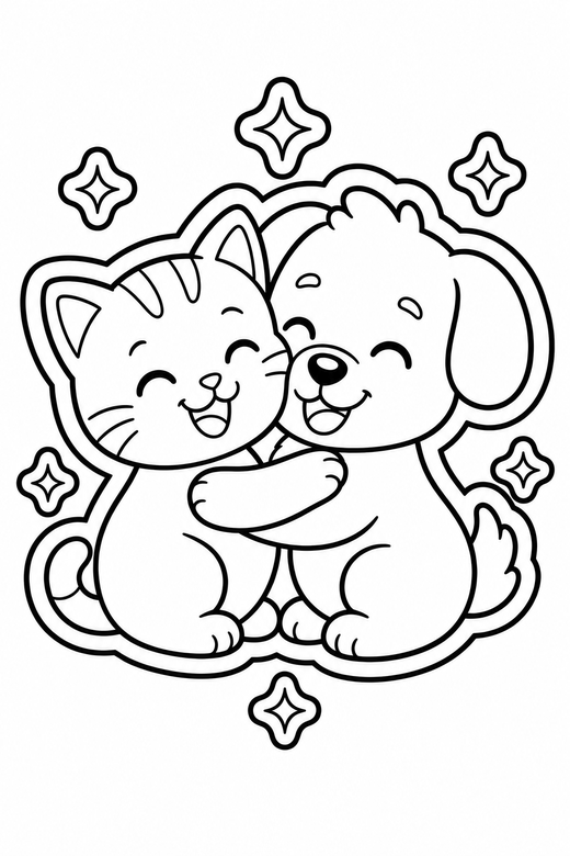 Cat and dog smiling with sparkles, color online