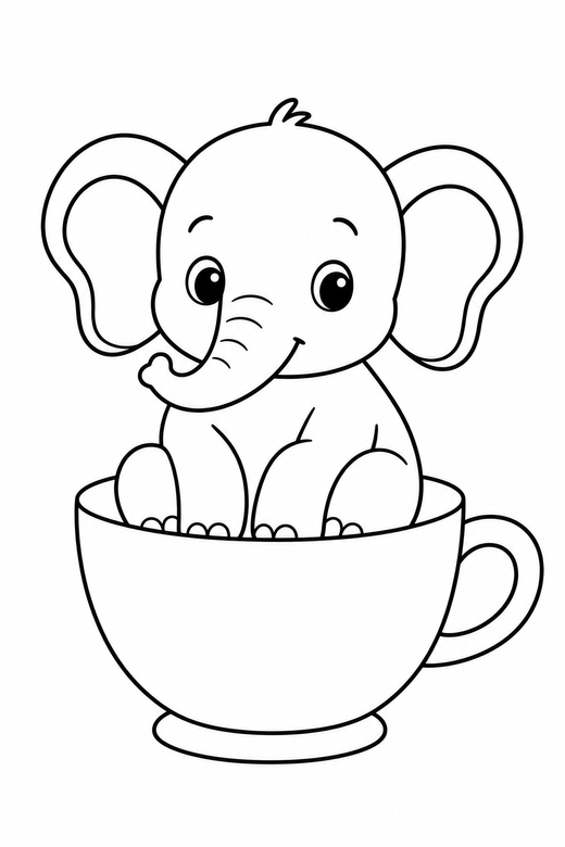 Baby elephant sitting down in a teacup, color online