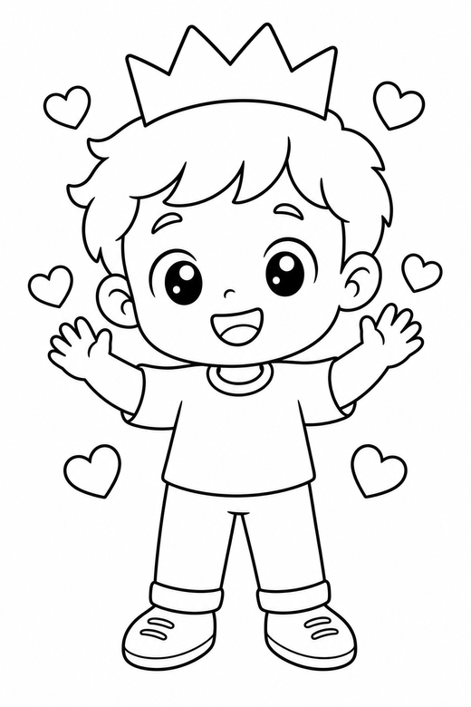 Boy with a paper crown waving with hearts, color online