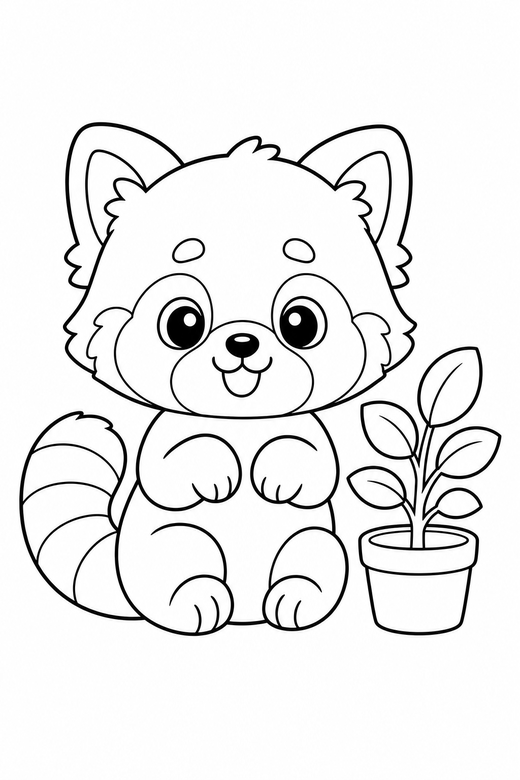 Red panda sitting up by a plant, color online