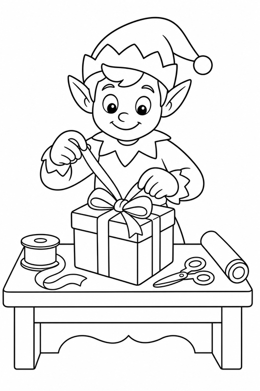 Elf wrapping a present, color online