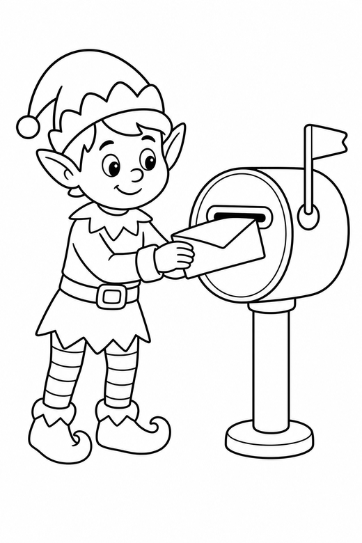 Elf beside a mailbox, color online