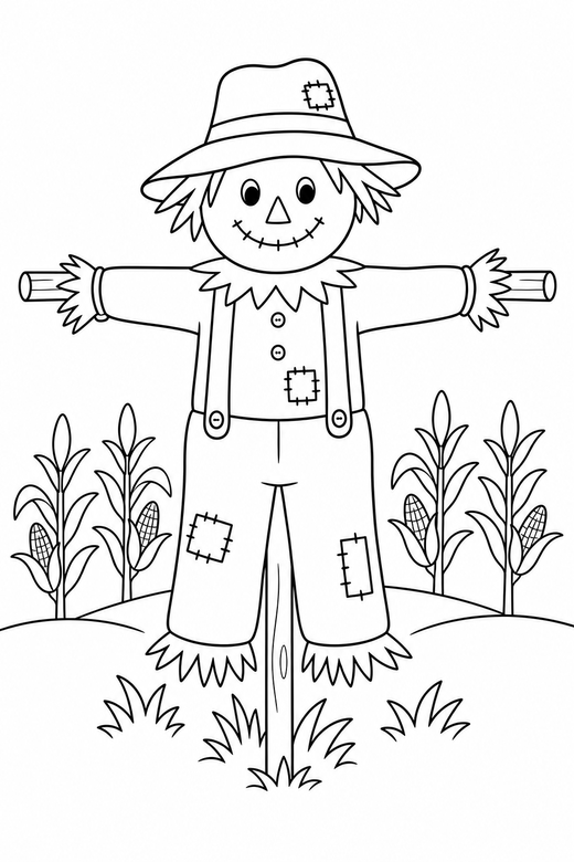 Scarecrow in a field: A scarecrow with a hat and patched clothes standing in a field, free printable coloring page