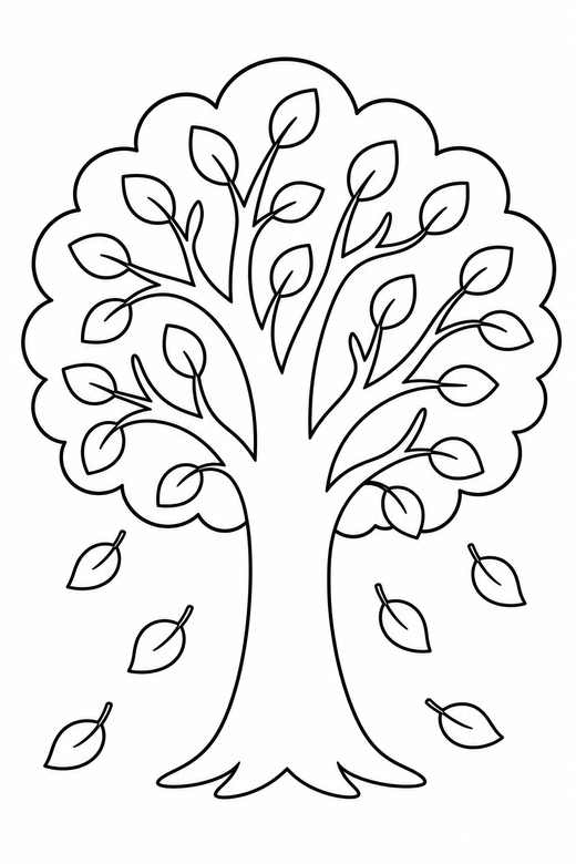 Tree losing leaves: A tree with several leaves falling from its branches, free printable coloring page
