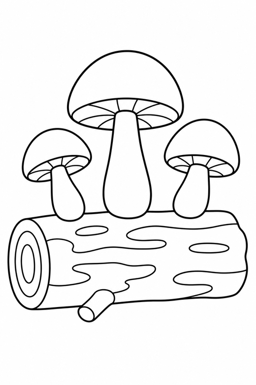 Mushrooms on a log: Three mushrooms growing on a fallen log, free printable coloring page