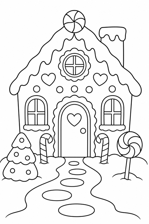 Gingerbread house with snow, color online