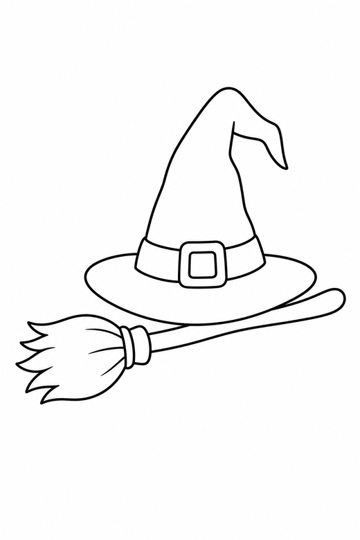 Witch hat and broomstick, color online