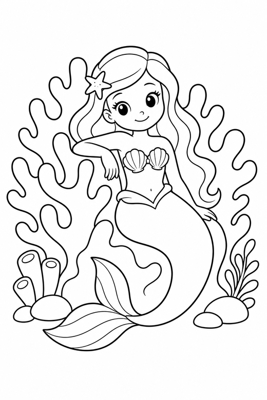 Mermaid resting on coral, color online