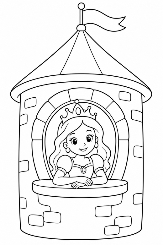 Princess in a tower window, color online