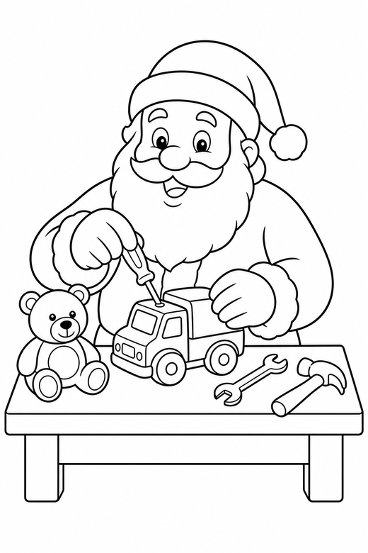 Santa in his workshop, color online
