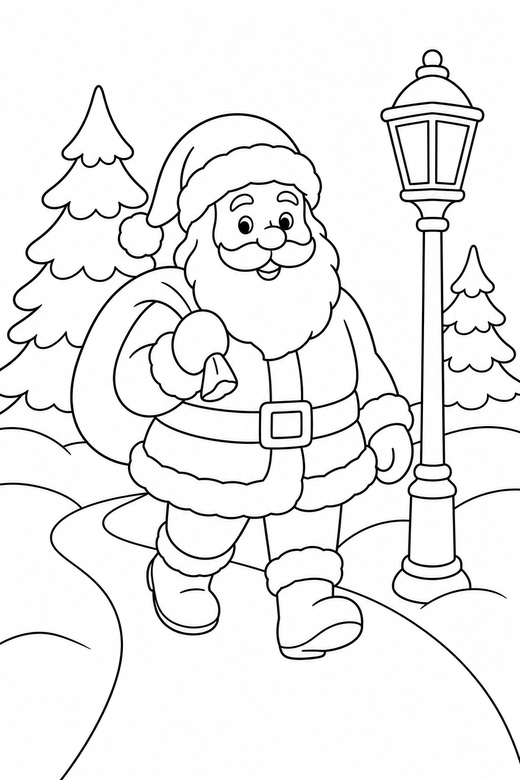 Santa on a snowy path, color online