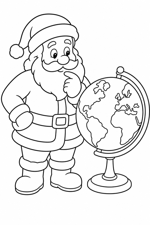 Santa checking a globe, color online