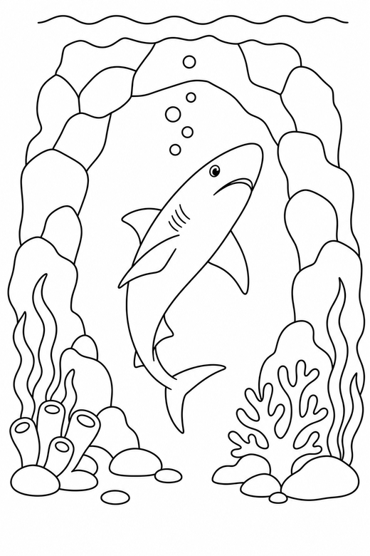 Reef shark rising near a rock arch: A slim reef shark rising toward the surface passing under an arch of rock, free printable coloring page