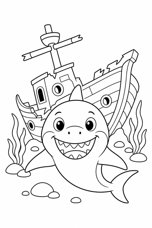 Smiling cartoon shark seen head on: A friendly cartoon shark with a wide smile seen from the front, facing you beside a sunken wooden ship, free printable coloring page