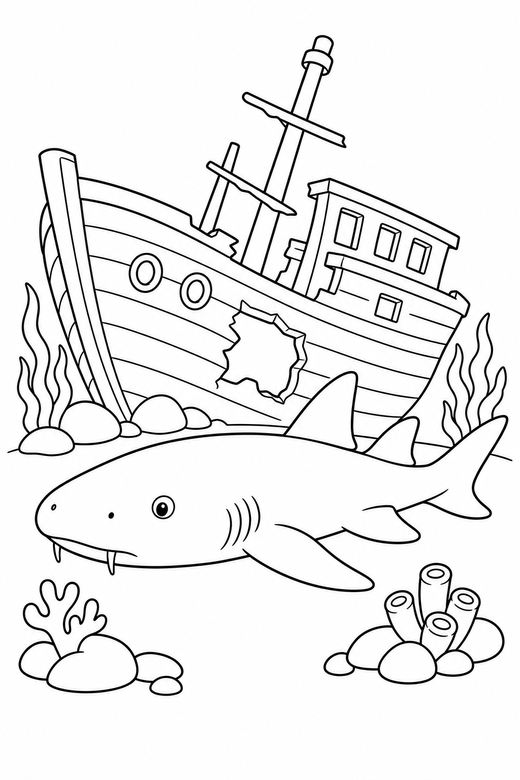 Nurse shark resting by a shipwreck: A nurse shark with a blunt rounded snout resting still beside a sunken wooden ship, free printable coloring page