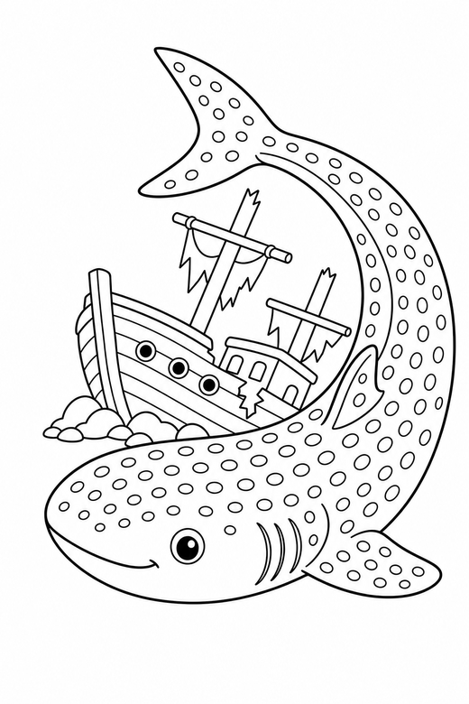 Whale shark curled by a shipwreck: A whale shark with spotted skin curled with its tail toward its head beside a sunken wooden ship, free printable coloring page