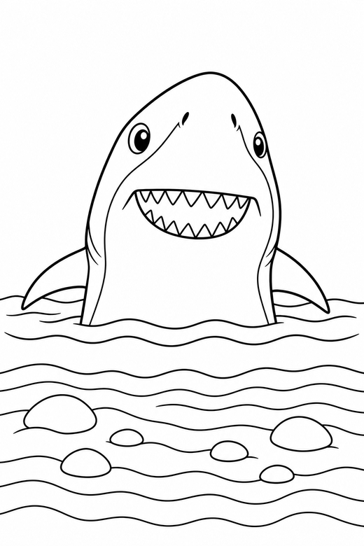 Great white shark poking out over the sand: A great white shark poking its head out of the water just above a rippled sandy seabed, free printable coloring page