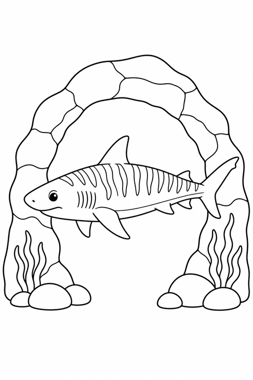 Tiger shark side view near a rock arch: A tiger shark with striped markings shown in side profile passing under an arch of rock, free printable coloring page
