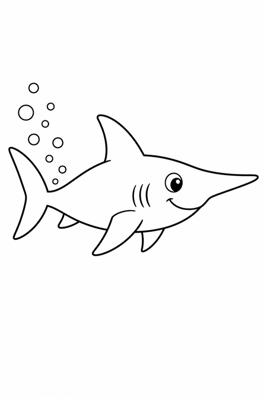 Long-nosed shark side view with bubbles: A shark with a long pointed snout shown in side profile with a trail of bubbles behind it, free printable coloring page