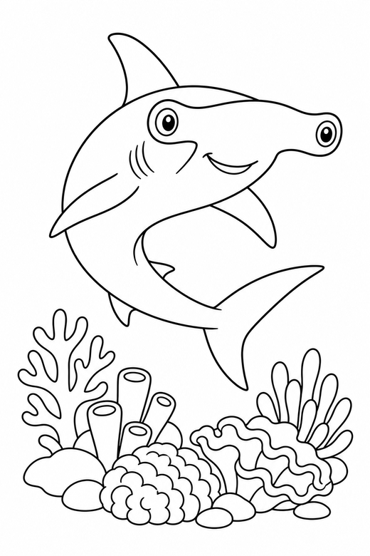 Hammerhead shark turning over a reef: A hammerhead shark turning in a curve above a coral reef, free printable coloring page