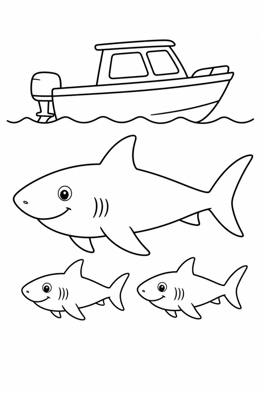 Shark family side view under a boat: A large shark with two small ones following shown in side profile beneath the outline of a small boat, free printable coloring page