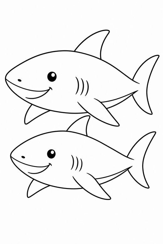 Two sharks resting in open water: Two sharks swimming together resting still in open water with light rays from above, free printable coloring page