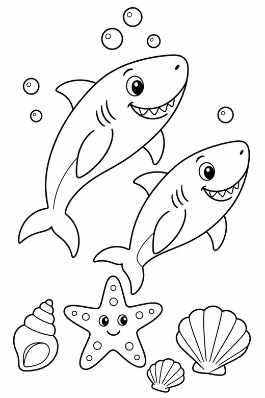 Two sharks rising by a starfish: Two sharks swimming together rising toward the surface near a starfish and a few shells, free printable coloring page