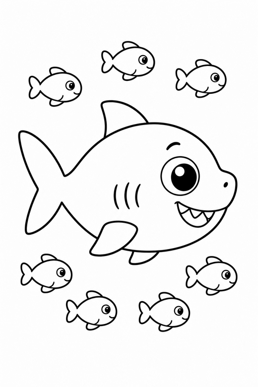 Baby shark side view with small fish: A small round baby shark shown in side profile with a school of small fish around it, free printable coloring page
