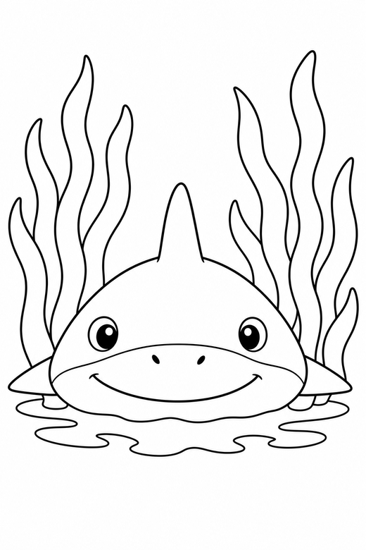 Flat-bodied shark poking out near seaweed: A flat, wide-bodied shark poking its head out of the water among tall strands of seaweed, free printable coloring page