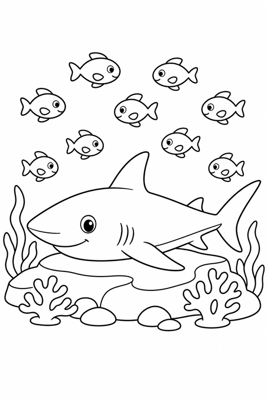 Reef shark resting with small fish: A slim reef shark resting still with a school of small fish around it, free printable coloring page
