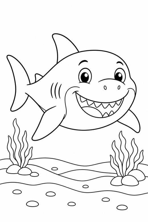 Smiling cartoon shark swimming over the sand: A friendly cartoon shark with a wide smile swimming forward just above a rippled sandy seabed, free printable coloring page