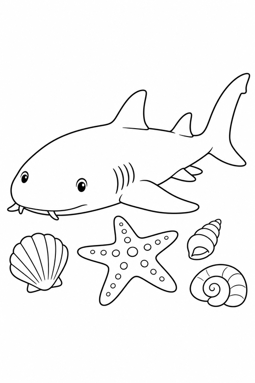 Nurse shark resting by a starfish: A nurse shark with a blunt rounded snout resting still near a starfish and a few shells, free printable coloring page