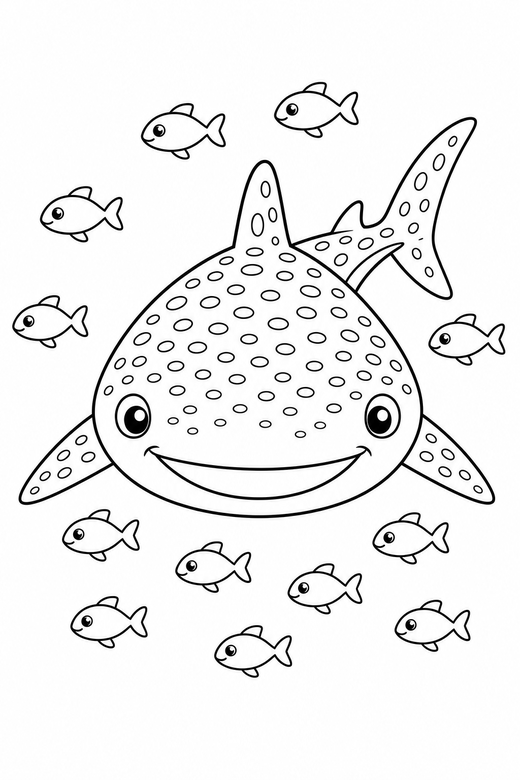 Whale shark seen head on with small fish: A whale shark with spotted skin seen from the front, facing you with a school of small fish around it, free printable coloring page