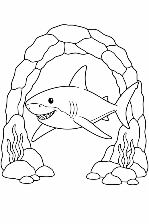 Great white shark gliding near a rock arch: A great white shark gliding with fins spread passing under an arch of rock, free printable coloring page