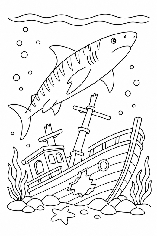 Tiger shark rising by a shipwreck: A tiger shark with striped markings rising toward the surface beside a sunken wooden ship, free printable coloring page
