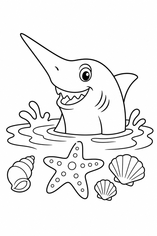 Long-nosed shark poking out by a starfish: A shark with a long pointed snout poking its head out of the water near a starfish and a few shells, free printable coloring page