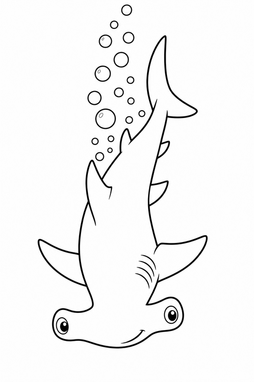 Hammerhead shark diving down with bubbles: A hammerhead shark diving downward with a trail of bubbles behind it, free printable coloring page