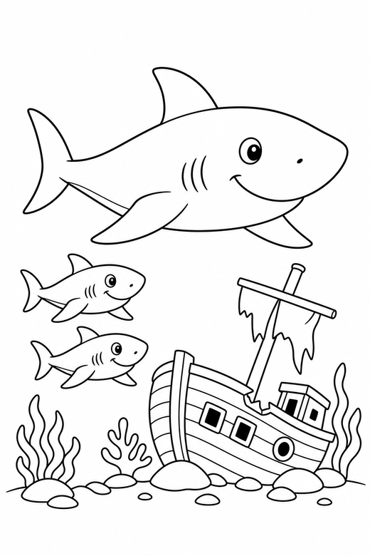 Shark family gliding by a shipwreck: A large shark with two small ones following gliding with fins spread beside a sunken wooden ship, free printable coloring page