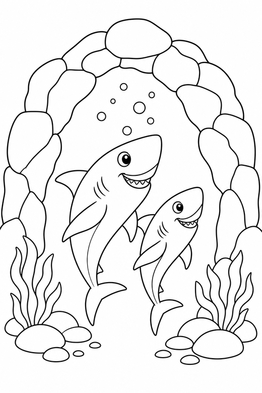 Two sharks rising near a rock arch: Two sharks swimming together rising toward the surface passing under an arch of rock, free printable coloring page