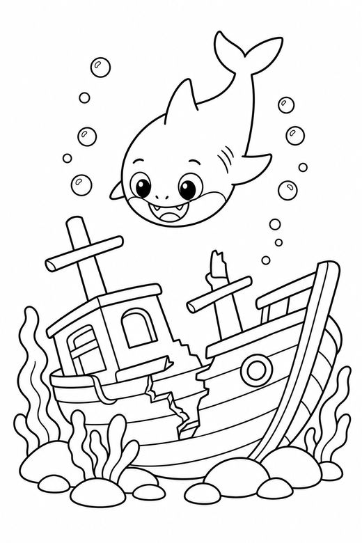 Baby shark diving down by a shipwreck: A small round baby shark diving downward beside a sunken wooden ship, free printable coloring page