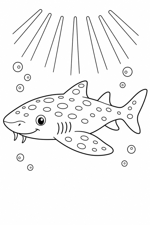 Flat-bodied shark side view in open water: A flat, wide-bodied shark shown in side profile in open water with light rays from above, free printable coloring page