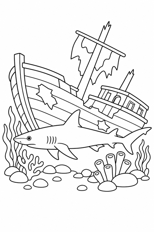 Reef shark side view by a shipwreck: A slim reef shark shown in side profile beside a sunken wooden ship, free printable coloring page