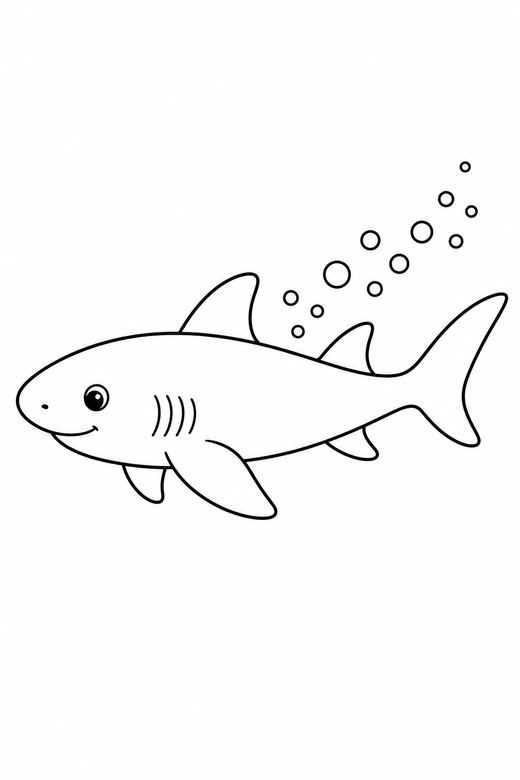 Nurse shark with bubbles: A nurse shark with a blunt rounded snout shown in side profile with a trail of bubbles behind it, free printable coloring page