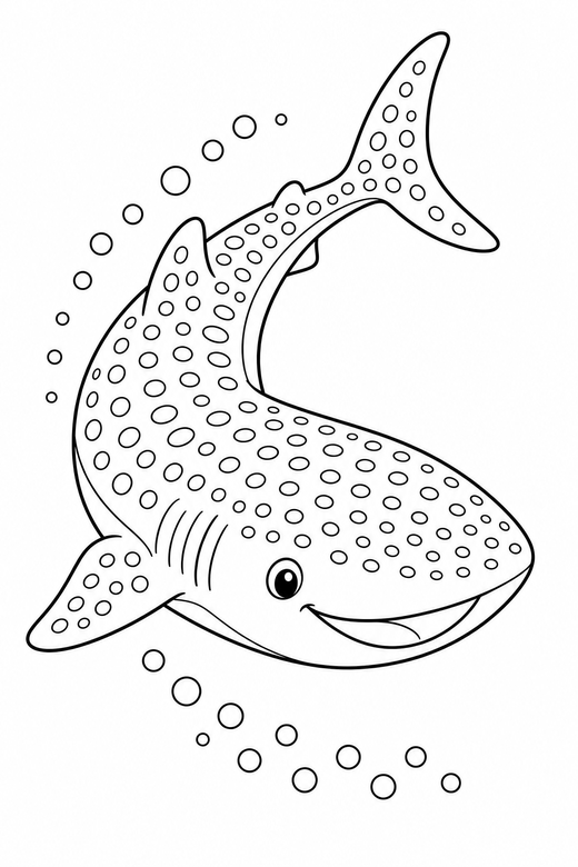 Whale shark turning with bubbles: A whale shark with spotted skin turning in a curve with a trail of bubbles behind it, free printable coloring page